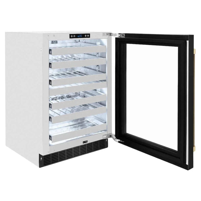 ZLINE 24" Touchstone Dual Zone 44 Bottle Wine Cooler Black Stainless Steel Glass Door Polished Gold Handle  RWDOZ-BS-24-G09K