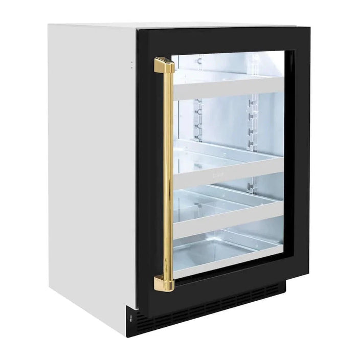 ZLINE 24" Touchstone 151 Can Beverage Fridge Black Matte Glass Door Gold RBSOZ-BLM-24-G09K