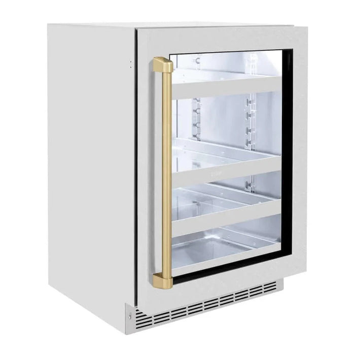ZLINE 24" Touchstone 151 Can Beverage Fridge DuraSnow® Stainless Steel Glass Door And Champagne Bronze Handle RBSOZ-SN-24-CB09K