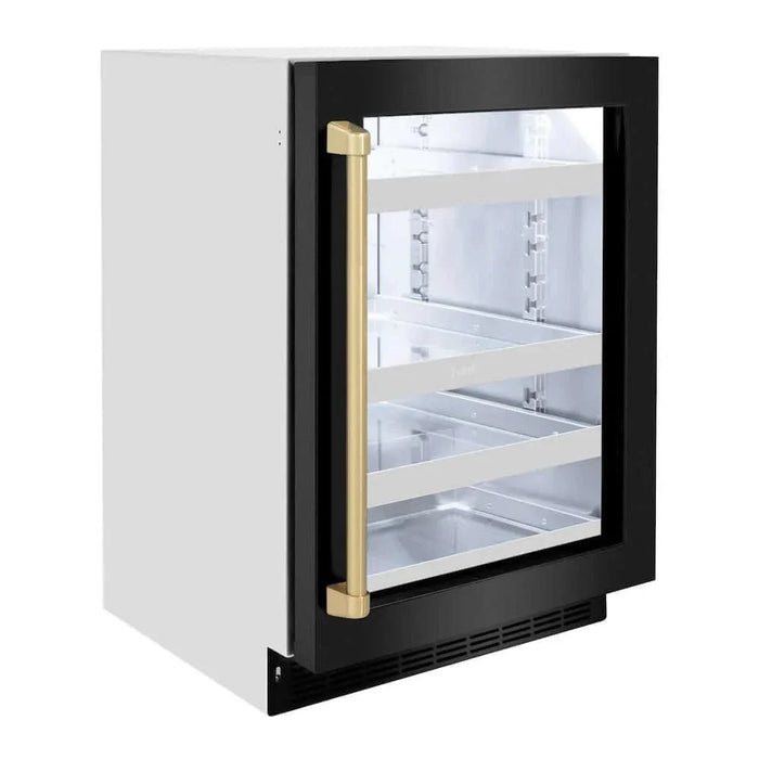 ZLINE 24" Touchstone 151 Can Beverage Fridge Black Stainless Steel Glass Door Champagne Bronze Handle RBSOZ-BS-24-CB09K