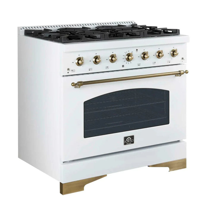Forno Antico 36" Dual Fuel Range White and Antique Brass Design 6 Sealed Gas Burners Electric Convection Oven , FFSGS6113-36WHT09K