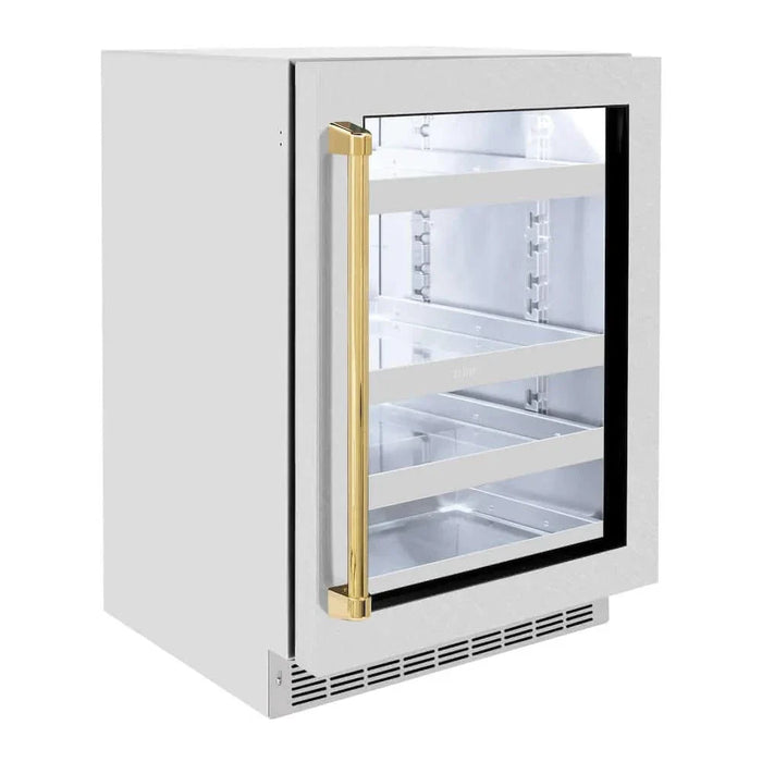 ZLINE 24" Touchstone 151 Can Beverage Fridge DuraSnow® Stainless Steel Glass Door Polished Gold Handle RBSOZ-SN-24-G09K