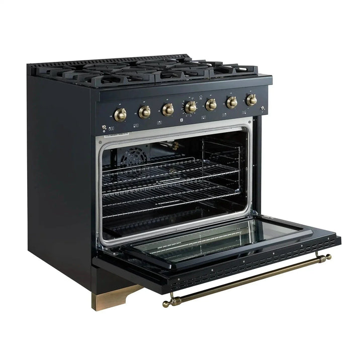 Forno Antico 36" Dual Fuel Range 6 Gas Burner Cooktop Electric Convection Oven Black Antique Brass Trim, FFSGS6113-36BLK09K