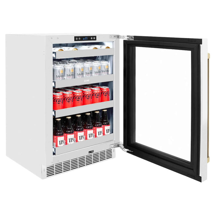 ZLINE 24" Touchstone 151 Can Beverage Fridge White Matte Glass Door Champagne Bronze Handle RBSOZ-WM-24-CB09K