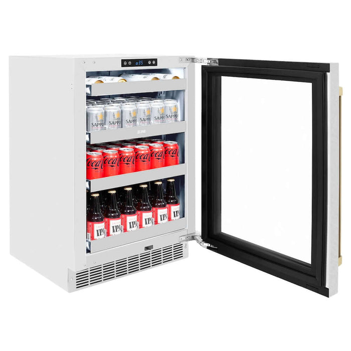 ZLINE 24" Touchstone 151 Can Beverage Fridge DuraSnow® Stainless Steel Glass Door And Champagne Bronze Handle RBSOZ-SN-24-CB09K