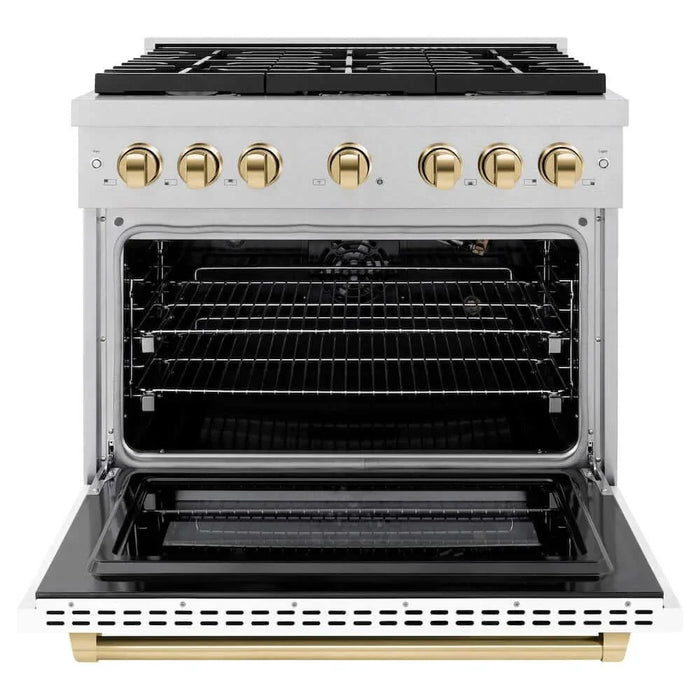 ZLINE 36"Gas Range, Convection Gas Oven, DuraSnow® White Matte, Gold SGRSZ-WM-36-G09K
