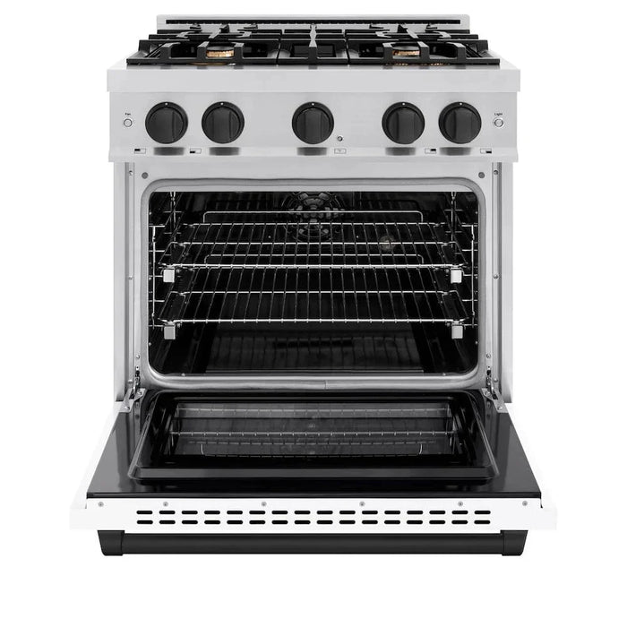 ZLINE 30" Select Dual Fuel Range Gas Cooktop Electric Convection Oven Stainless Steel White Matte Doors Matte Black HDRZ-WM-30-MB09K