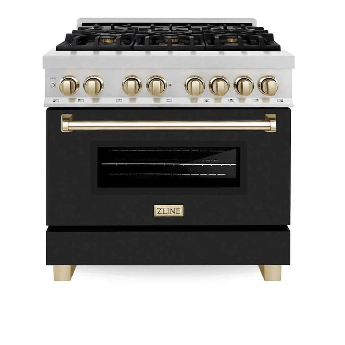 ZLINE 36" Autograph, Dual Fuel Range, Black Door, Gold, RASZ-BLM-36-G09K