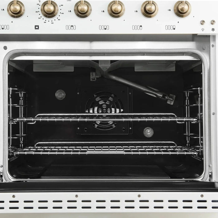 Forno Antico 48"Dual Range, 8 Gas Burner Cooktop, Electric Convection Oven White, Antique Brass Trim, FFSGS6113-48WHT09K
