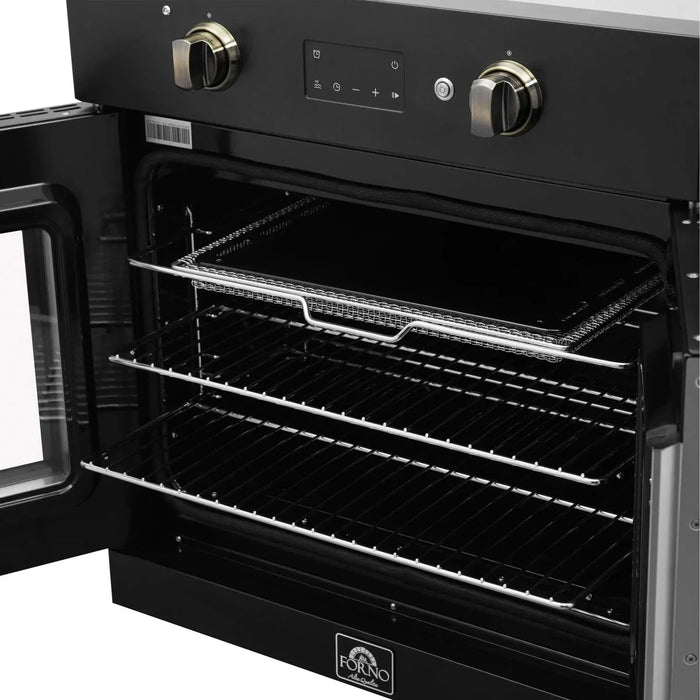 Forno Asti 30"French Door Electric Wall Oven in Black with Antique Brass Trim, FBOEL1333-30BLK09K
