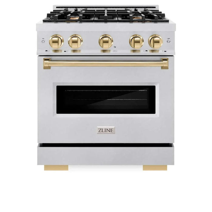 ZLINE 30" Dual Fuel Range, Gas Cooktop, Electric Convection Oven DuraSnow® Stainless Steel, Gold CDRSZ-30-G09K