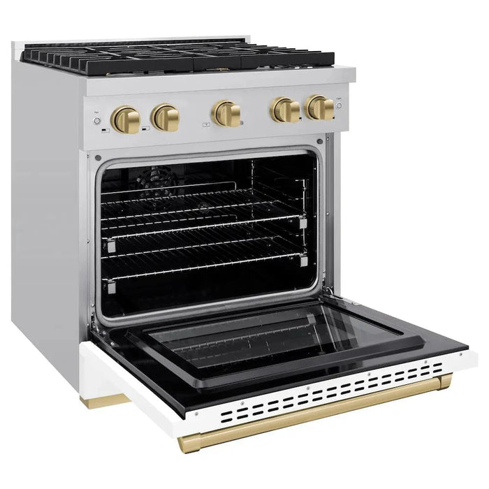 ZLINE 30"Paramount Dual Fuel Range White Matte Champagne Bronze SDRZ-WM-30-CB09K