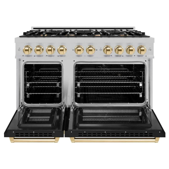ZLINE 48" Select Dual Fuel Range Gas Cooktop Electric Convection Oven DuraSnow® Stainless Steel Black Matte Door Gold HDRSZ-BLM-48-G09K