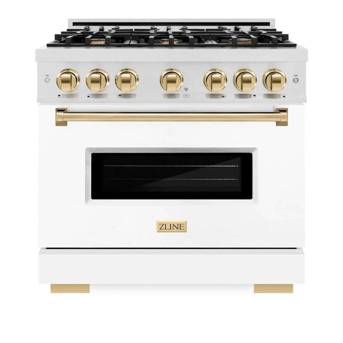 ZLINE 36" Dual Fuel Range, Gas Cooktop, Electric Convection Oven DuraSnow® Stainless Steel, White Matte Door Polished Gold CDRSZ-WM-36-G09K