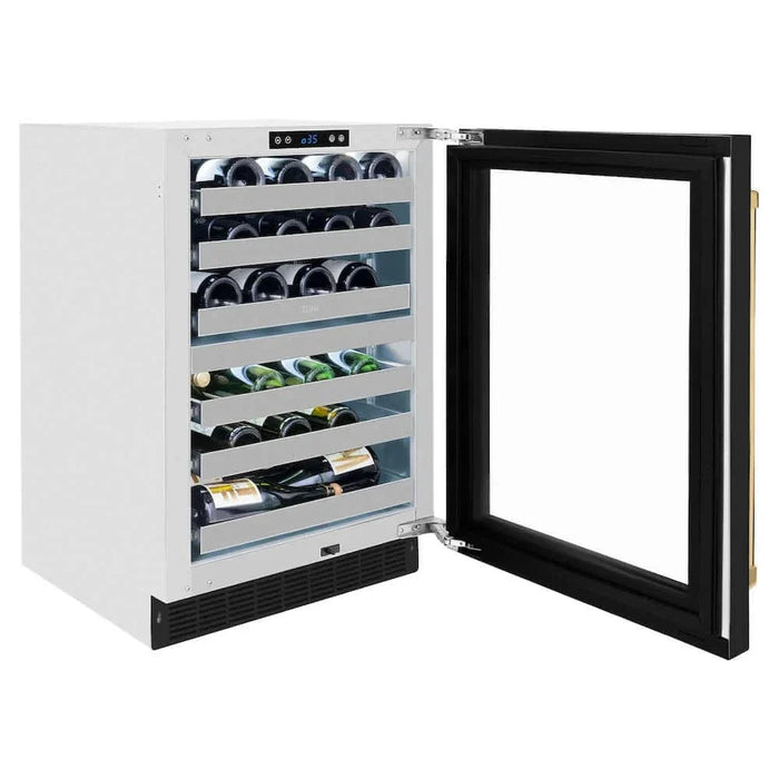 ZLINE 24" Touchstone Dual Zone 44 Bottle Wine Cooler Black Matte Glass Door Polished Gold Handle RWDOZ-BLM-24-G09K