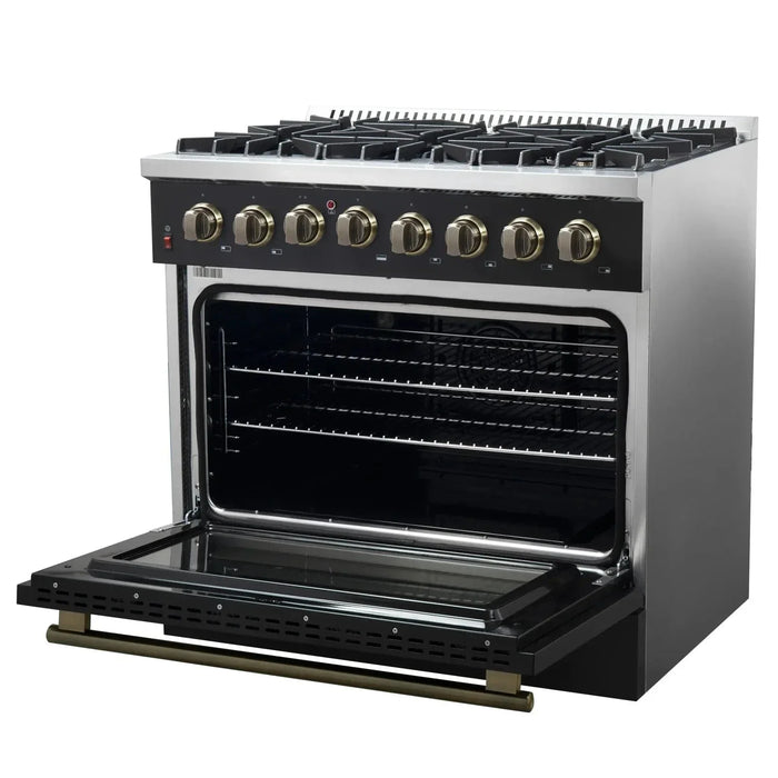 Forno Galiano Gold Professional - 36"Freestanding Dual Fuel Range Gas Stove, Electric Oven Black, Antique Brass Trim, FFSGS6156-36BLK09K
