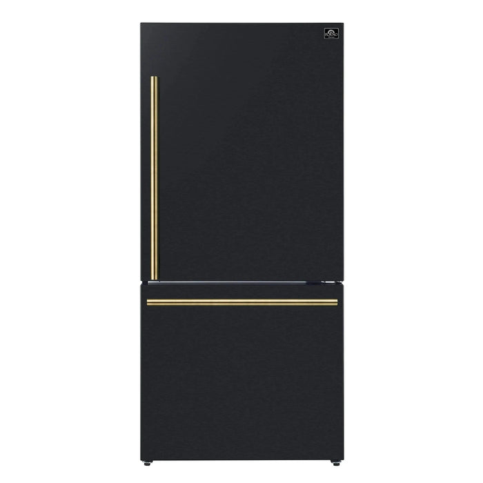 FORNO Premium 2-Piece Kitchen Bundle - Leonardo Espresso 30" Black Range, 31" Black Bottom Freezer Refrigerator FBDL-003-02US09K