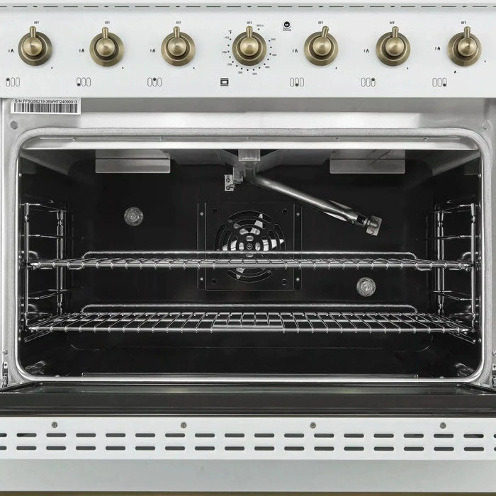 Forno Antico 36" Gas Range 6 Gas Burner Cooktop, Gas Convection Oven White, Antique Brass Trim, FFSGS6219-36WHT09K
