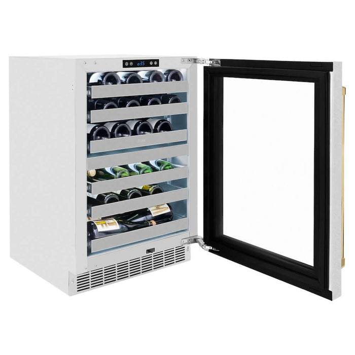 ZLINE 24" Touchstone Dual Zone 44 Bottle Wine Cooler DuraSnow® Stainless Steel Glass Door Polished Gold Handle RWDOZ-SN-24-G09K