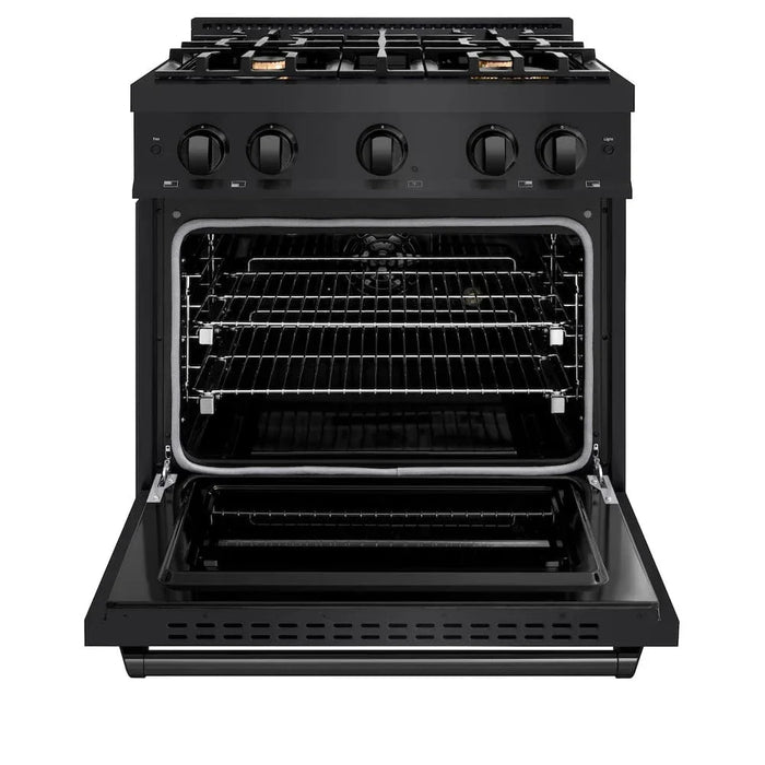 ZLINE 30" Dual Fuel Range, Gas Cooktop, Electric Convection Oven Black Stainless Steel Brass Burners, CDRB-BR-3009K