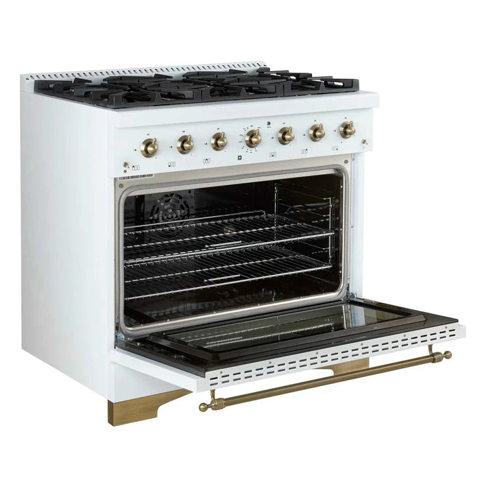 Forno Antico 36" Dual Fuel Range White and Antique Brass Design 6 Sealed Gas Burners Electric Convection Oven , FFSGS6113-36WHT09K