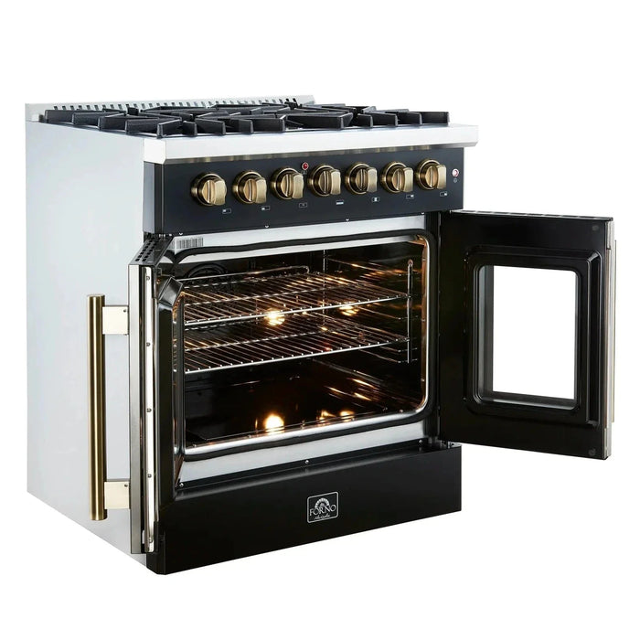 Forno Galiano 30"French Door Dual Fuel Range 5 Gas Burners, Electric Convection Oven Black, Antique Brass Trim, FFSGS6356-30BLK09K