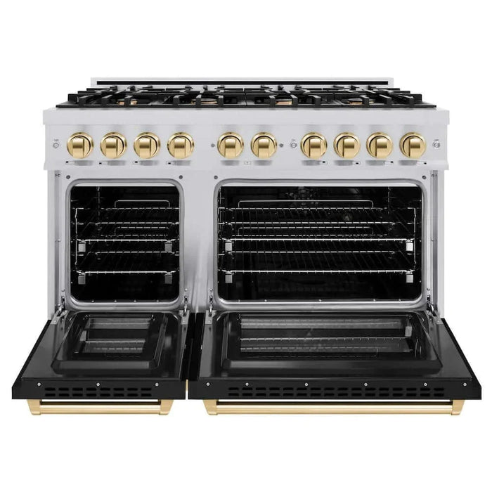 ZLINE 48" Select Dual Fuel Range Gas Cooktop Electric Convection Oven Stainless Steel Black Matte Doors Gold HDRZ-BLM-48-G09K