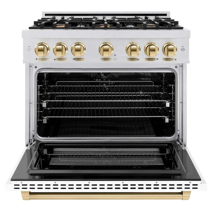 ZLINE 36" Select Dual Fuel Range Gas Cooktop Electric Convection Oven DuraSnow® Stainless Steel White Matte Door Polished Gold HDRSZ-WM-36-G09K