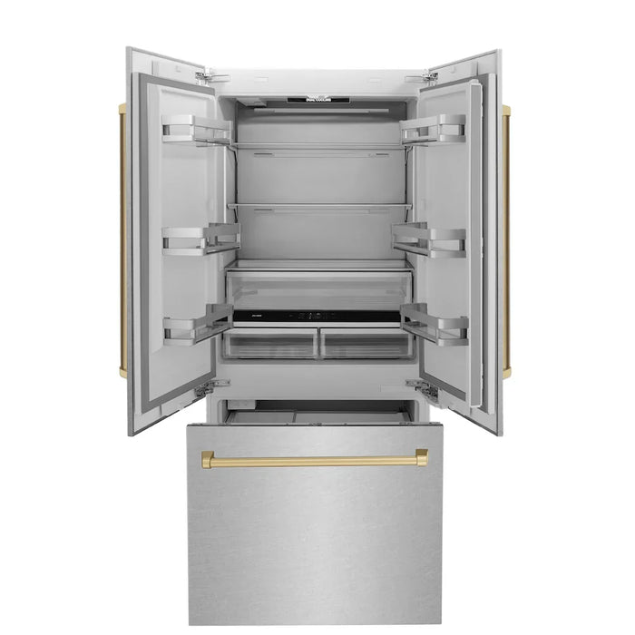 ZLINE Autograph Edition 36" French Door Built-In Bottom Freezer Refrigerator, Water Dispenser, Ice Maker, Satin Stainless Steel, Accents RBIVZ-SN-36-CB09K