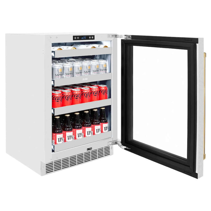 ZLINE 24" Touchstone 151 Can Beverage Fridge DuraSnow® Stainless Steel Glass Door Polished Gold Handle RBSOZ-SN-24-G09K