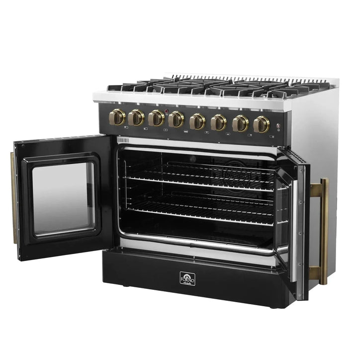 Forno Galiano 36"French DoorDual Fuel Range, Gas Stove, Electric Oven Black, Antique Brass Trim, FFSGS6356-36BLK09K