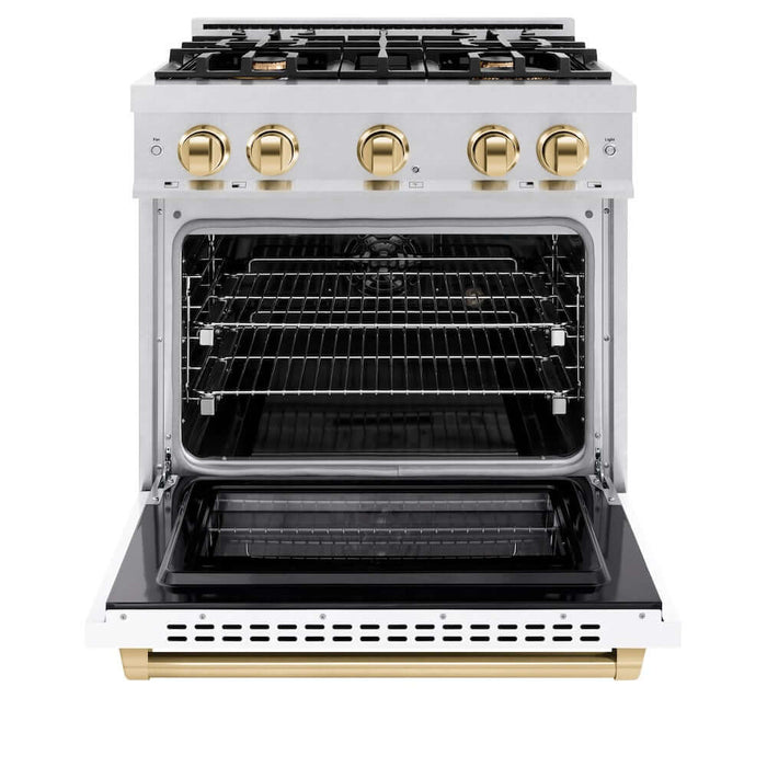ZLINE 30" Select Dual Fuel Range Gas Cooktop Electric Convection Oven DuraSnow® Stainless Steel White Matte Door Polished Gold HDRSZ-WM-30-G09K