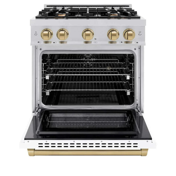 ZLINE 30" Select Dual Fuel Range Gas Cooktop Electric Convection Oven Stainless Steel White Matte Doors Champagne Bronze HDRZ-WM-30-CB09K