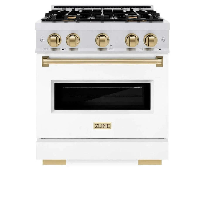 ZLINE 30" Dual Fuel Range, Gas Cooktop, Electric Convection Oven DuraSnow® Stainless Steel, White Matte Door, Champagne Bronze CDRSZ-WM-30-CB09K