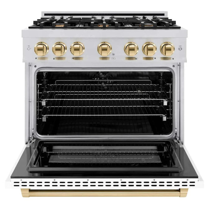 ZLINE 36"" Select Dual Fuel Range Gas Cooktop Electric Convection Oven Stainless Steel White Matte Doors Polished Gold HDRZ-WM-36-G09K