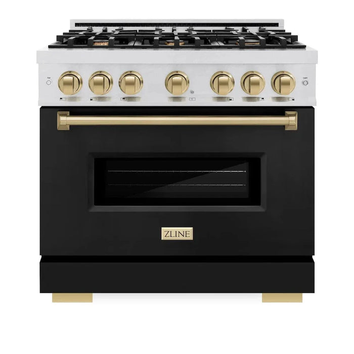 ZLINE 36" Dual Fuel Range, Gas Cooktop, Electric Convection Oven DuraSnow®Stainless Steel, Black Matte Door Champagne Bronze CDRSZ-BLM-36-CB09K