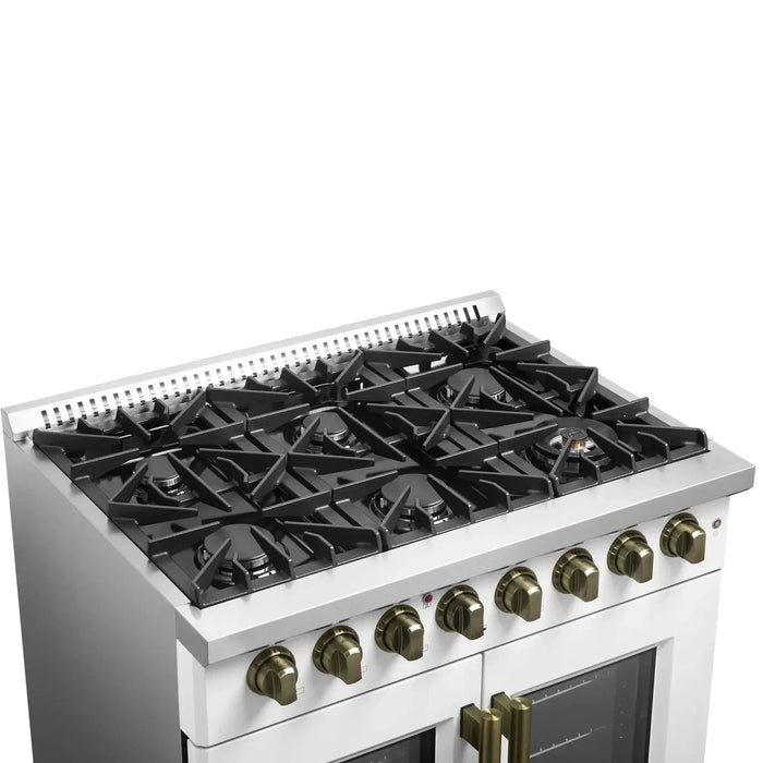 Forno Galiano 36"French DoorDual Fuel Range, Gas Stove, Electric Oven White, Antique Brass Trim, FFSGS6356-36WHT09K