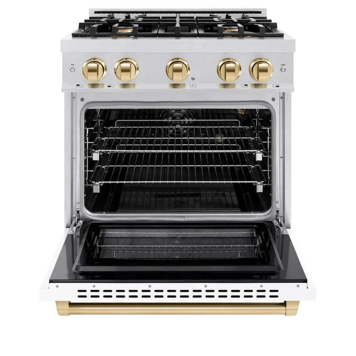 ZLINE 30" Select Gas Range Convection Gas Oven DuraSnow® Stainless Steel White Matte Door Polished Gold HGRSZ-WM-30-G09K