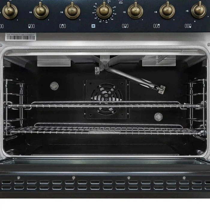 Forno Antico 36" Dual Fuel Range 6 Gas Burner Cooktop Electric Convection Oven Black Antique Brass Trim, FFSGS6113-36BLK09K