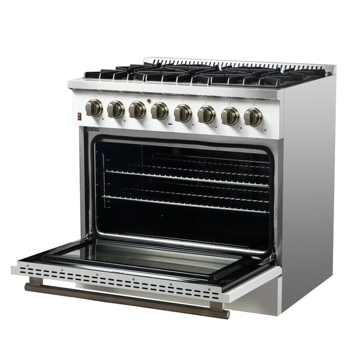 Forno Galiano Gold Professional - 36"Freestanding Dual Fuel Range Gas Stove, Electric Oven White, Antique Brass Trim, FFSGS6156-36WHT09K