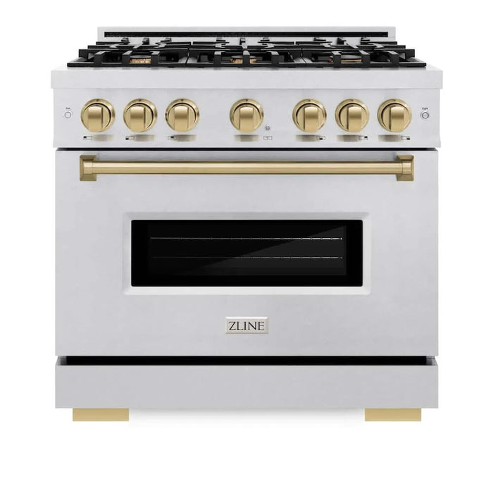 ZLINE 36" Dual Fuel Range, Gas Cooktop, Electric Convection Oven DuraSnow® Stainless Steel, Champagne Bronze CDRSZ-36-CB09K