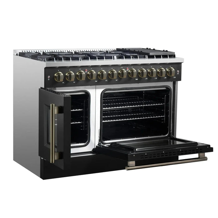 Forno Galiano 48" French Door Dual Fuel Range, 8 Burners, Electric Convection Oven, Black Antique Brass Trim, FFSGS6356-48BLK09K