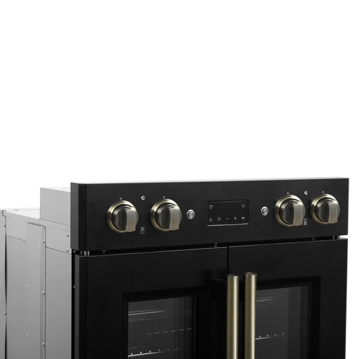 Forno Asti 30" Double Electric Wall Oven, Upper French Doors, Black with Antique Brass Trim, FBOEL1340-30BLK09K