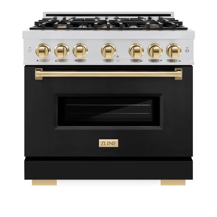 ZLINE 36" Classic Gas Range, Convection Gas Oven Stainless Steel, Black Matte Door Polished Gold CGRZ-BLM-36-G09K