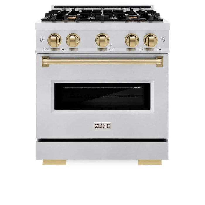 ZLINE 30" Dual Fuel Range, Gas Cooktop, Electric Convection Oven DuraSnow® Stainless Steel, Champagne Bronze CDRSZ-30-CB09K