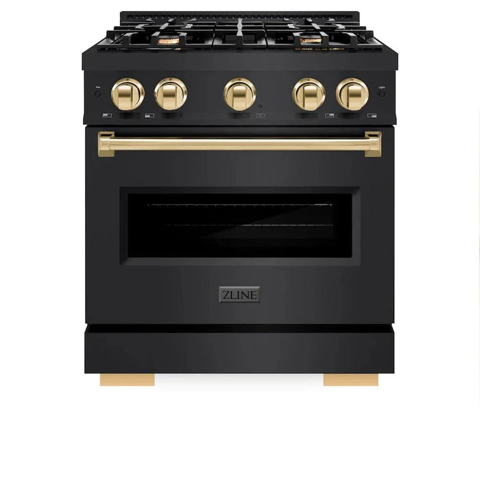 ZLINE 30" Dual Fuel Range, Gas Cooktop, Electric Convection Oven Black Stainless Steel, Gold CDRBZ-30-G09K