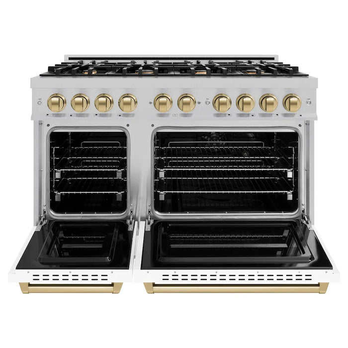 ZLINE 48"Classic Gas Range, Convection Gas Oven, Satin Stainless Steel, White Matte Door, Accents CGRSZ-WM-48-CB09K