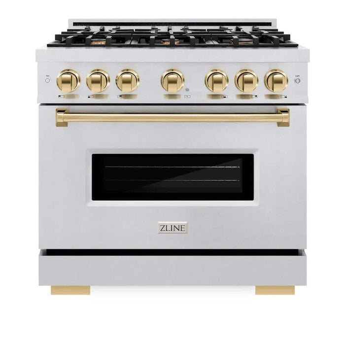 ZLINE 36" Dual Fuel Range, Gas Cooktop, Electric Convection Oven DuraSnow® Stainless Steel, Gold CDRSZ-36-G09K