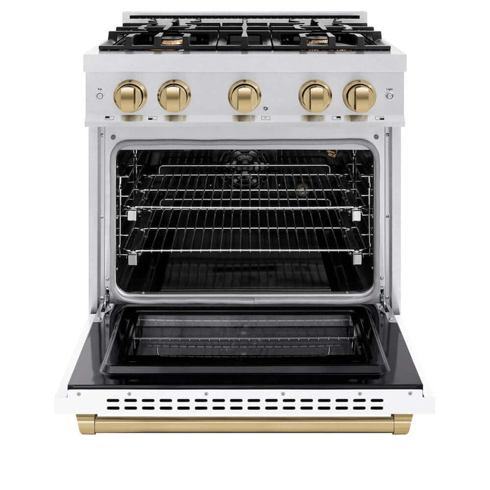 ZLINE 30" Select Gas Range Convection Gas Oven DuraSnow® Stainless Steel White Matte Door Champagne Bronze HGRSZ-WM-30-CB09K