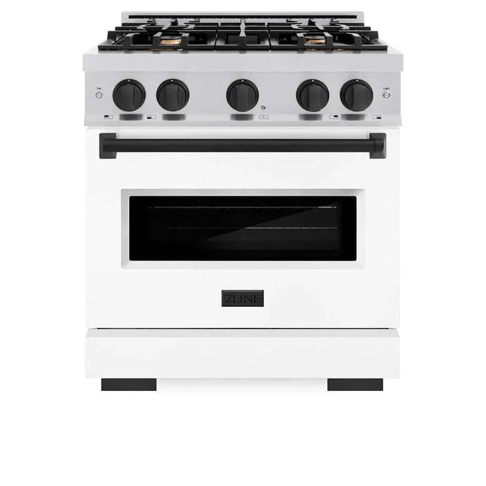 ZLINE 30" Classic Gas Range, Convection Gas Oven Stainless Steel, White Matte Door Matte Black CGRZ-WM-30-MB09K